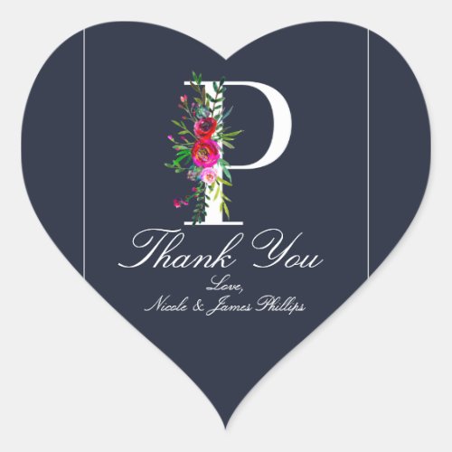 P Monogram Last Initial Modern Blue Floral Wedding Heart Sticker