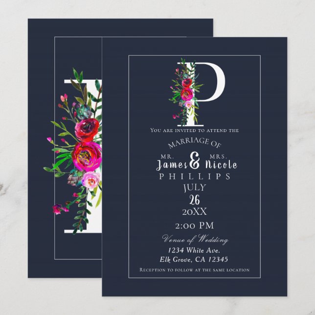 P Monogram Last Initial Modern Blue Floral Wedding Invitation (Front/Back)