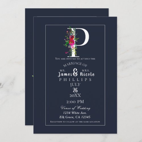 P Monogram Last Initial Modern Blue Floral Wedding Invitation