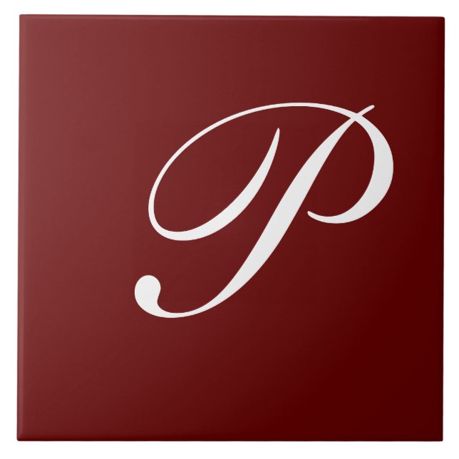 P Monogram, White on Dark Red, Ceramic Tile (Front)