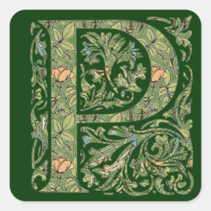 P Ornate Floral Leafy Monogram Square Sticker