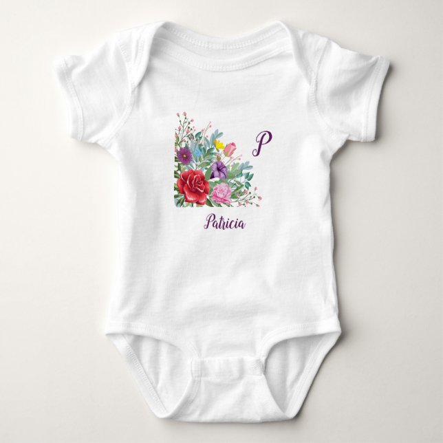 P Patricia Personalize Letter Name, Rose Flowers Baby Bodysuit (Front)