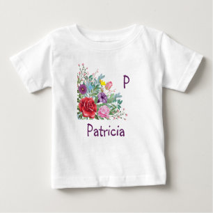 P Patricia Personalize Letter Name, Rose Flowers Baby T-Shirt