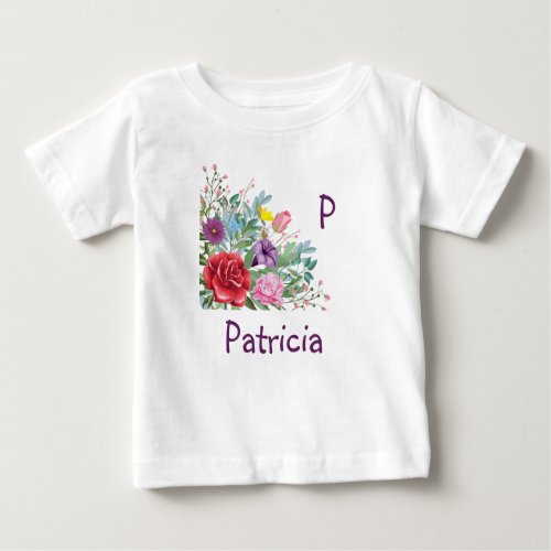 P Patricia Personalize Letter Name Rose Flowers Baby T_Shirt