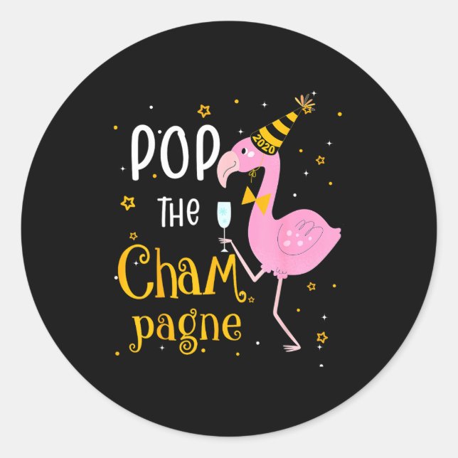 P The Champagne It's New Year! Funny Flamingo Drin Classic Round Sticker (Front)