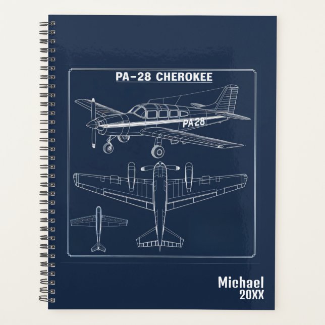 PA-28 Cherokee Airplane Blueprint Blue Aviation Planner (Front)