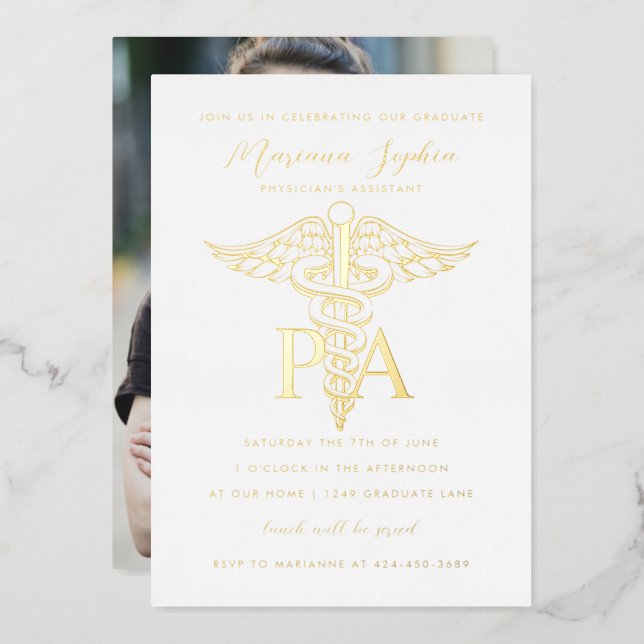  PA Physician's Assistant Caduceus Graduation Gold Foil Invitation (Front/Back)