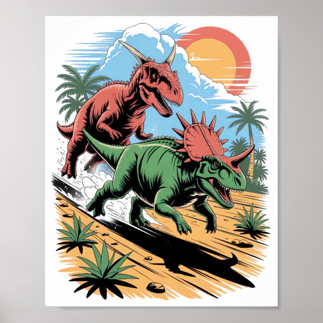 Pachyrhinosaurus racing past a Carnotaurus Poster (Front)