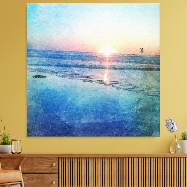 Pacific Beach Sunset Watercolor Canvas Print (Insitu(LivingRoom))