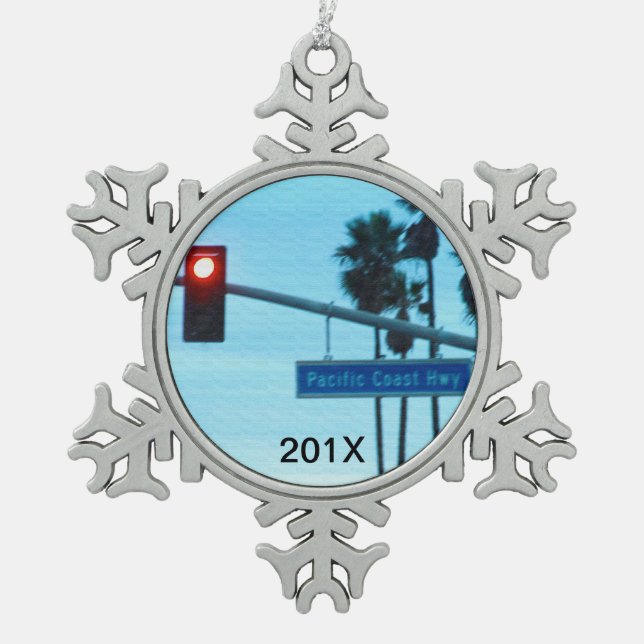 Pacific Coast Highway 1 Sign | California Souvenir Snowflake Pewter Christmas Ornament (Front)