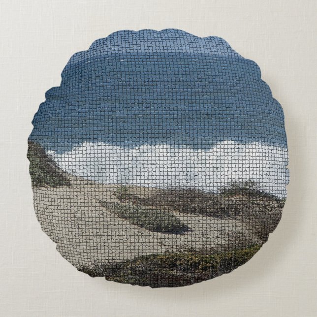 Pacific Coast Landscape Photo Beach Waves Mosaic Round Pillow (Front)