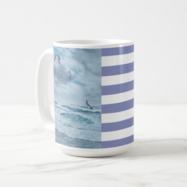 Pacific coast seascape/beach/seagulls/waves/stripe coffee mug (Front Left)