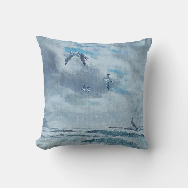 Pacific coast seascape, beach, seagulls, waves throw pillow (Front)