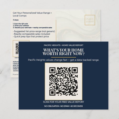Pacific Heights home value QR code realtor postcard in deep navy with cream and thin gold accent