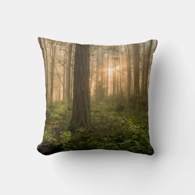 Pacific Northwest Forest | Foggy Morning Throw Pillow (Front)