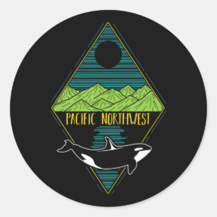 Pacific Northwest Orca Whale Tree Mountain Ocean P Classic Round Sticker