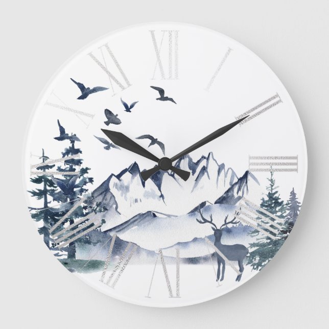 Pacific Northwest Rocky Mountains and Deer Large Clock (Front)