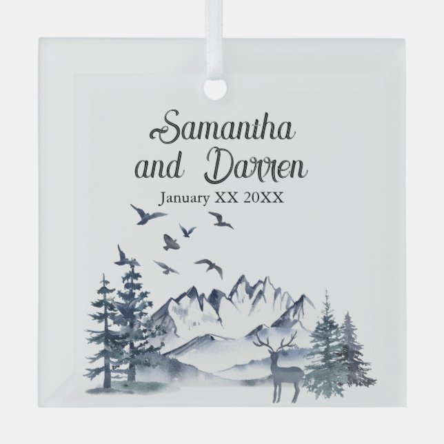 Pacific Northwest Rocky Mountains Wedding Glass Ornament (Front)