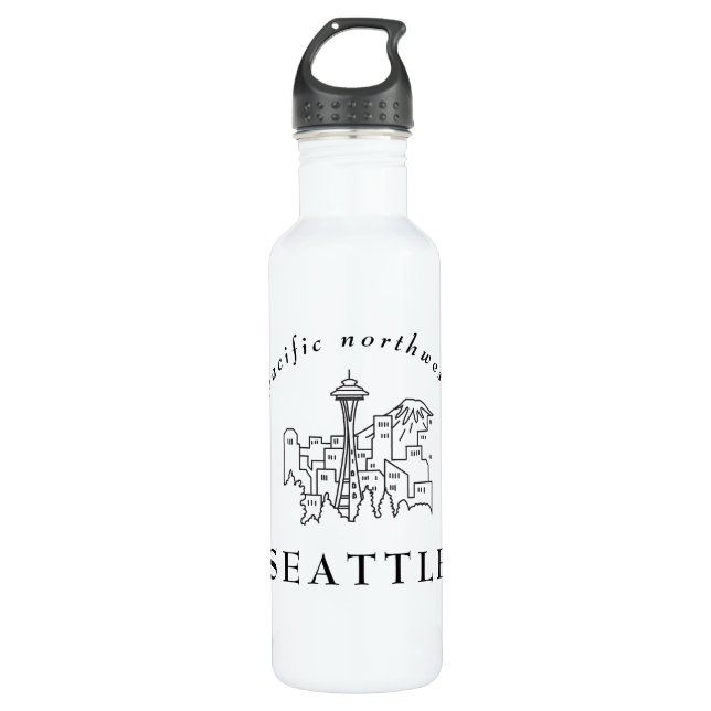 Pacific Northwest Seattle Skyline Outline Minimal Stainless Steel Water Bottle (Front)