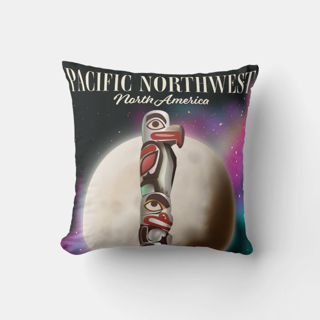 Pacific Northwest Totem pole travel poster T-Shirt Throw Pillow (Front)