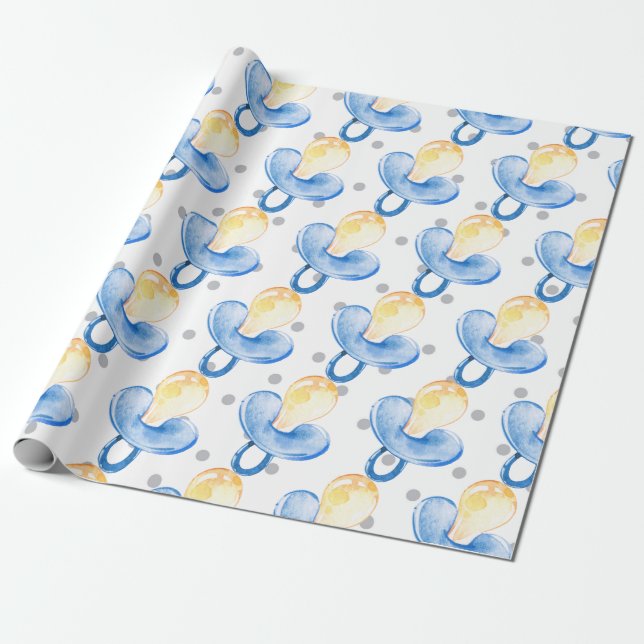 Pacifier Baby Boy Baby Shower Blue Nursery Gift Wrapping Paper (Unrolled)