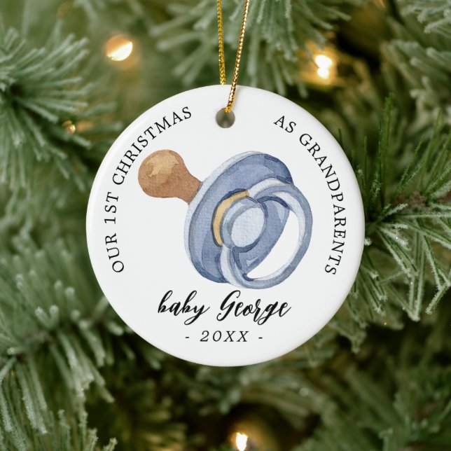 Pacifier Boy First Christmas Grandparents photo Ceramic Ornament (Tree)