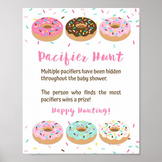 Pacifier Hunt Baby Shower Game Sign Pink Donuts (Front)