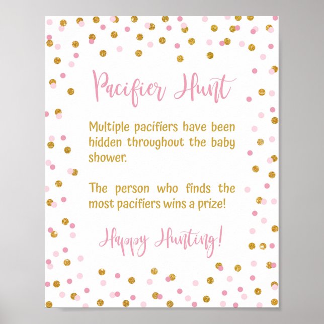 Pacifier Hunt Baby Shower Game Sign Pink & Gold (Front)