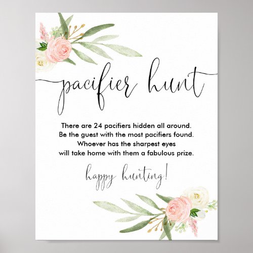 Pacifier hunt baby shower game sign pink gold