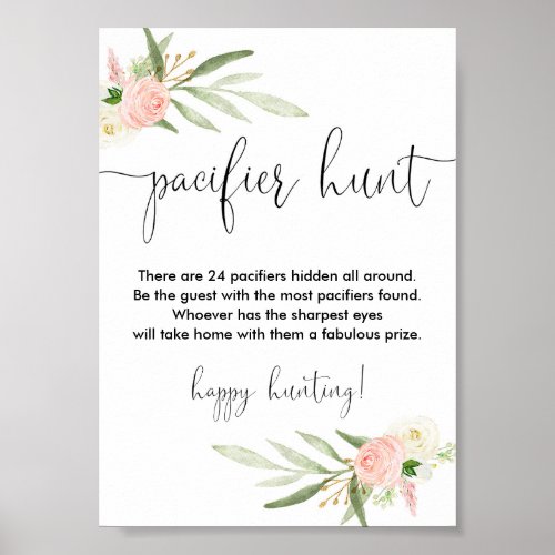 Pacifier hunt baby shower game sign pink gold