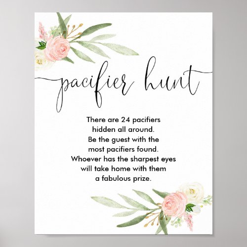 Pacifier hunt baby shower game sign pink gold