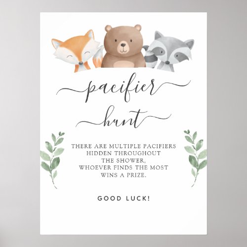 Pacifier Hunt Baby Shower Game Woodland Animals Poster