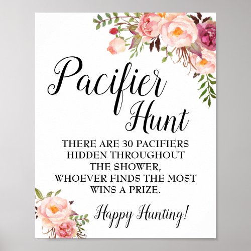 Pacifier hunt game Baby shower pink flowers sign