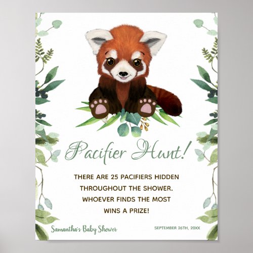 Pacifier Hunt Game Baby Shower Sign Red Panda Bear