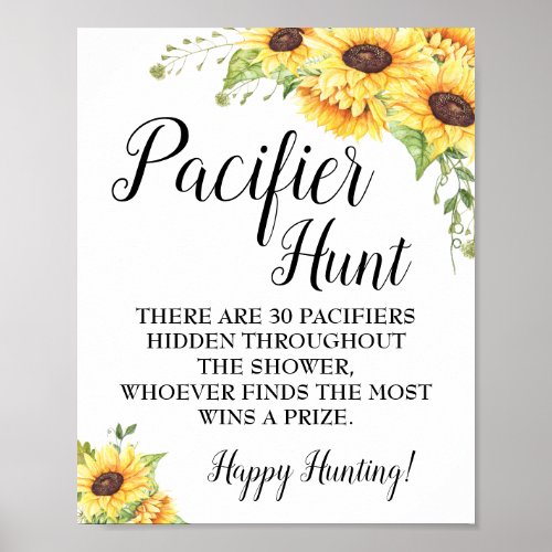 Pacifier hunt game Baby shower sunflowers sign