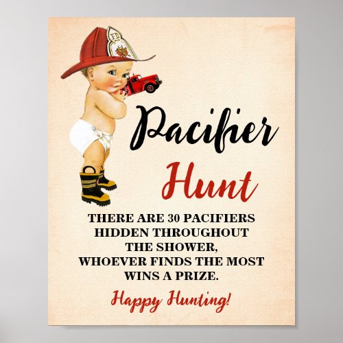 Pacifier Hunt Game Little Firefighter Baby Shower Poster