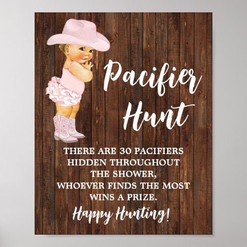 Pacifier Hunt Game Pink Cowgirl Baby Shower Sign