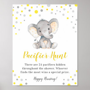 Pacifier Hunt Game Yellow Dot Elephant Baby Shower Poster