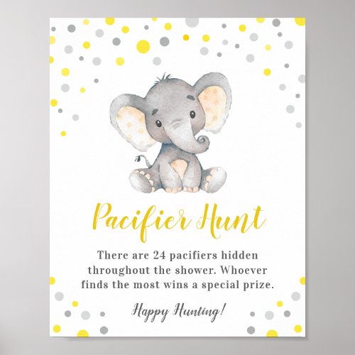 Pacifier Hunt Game Yellow Dot Elephant Baby Shower Poster