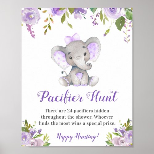 Pacifier Hunt Lavender Girl Elephant Baby Shower Poster
