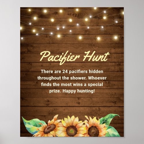 Pacifier Hunt Rustic Sunflower Yellow Baby Shower Poster