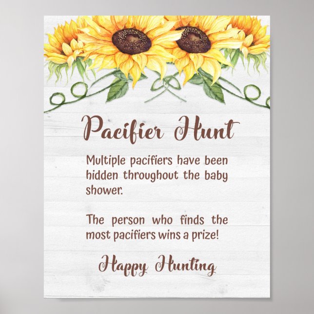 PACIFIER HUNT Sunflower Baby Shower Game Sign (Front)