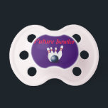 Pacifier with bowling image<br><div class="desc">Pacifier showing ball making a strike and future bowler text. You can change to your favourite subject, text and colour.</div>