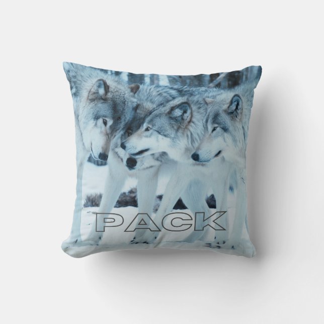 Pack Family Gray Wolves Affectionate in White Snow Throw Pillow (Front)