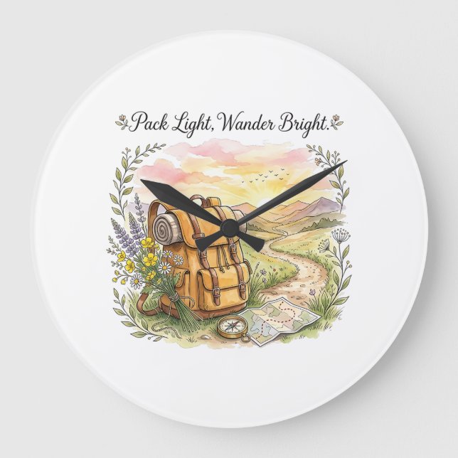 Pack Light Wander Bright Travel Adventure Quote Large Clock (Front)