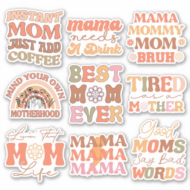 Pack of Funny Orange Retro Mom Quote Vinyl Sticker (Front)
