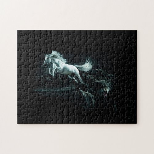 Pack of wolves attacking a white horse jigsaw puzzle