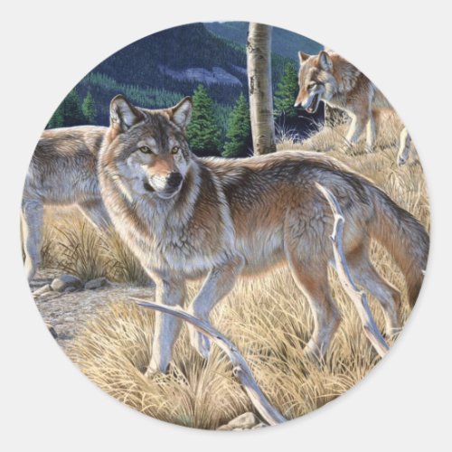 Pack of wolves in the forest painting classic round sticker