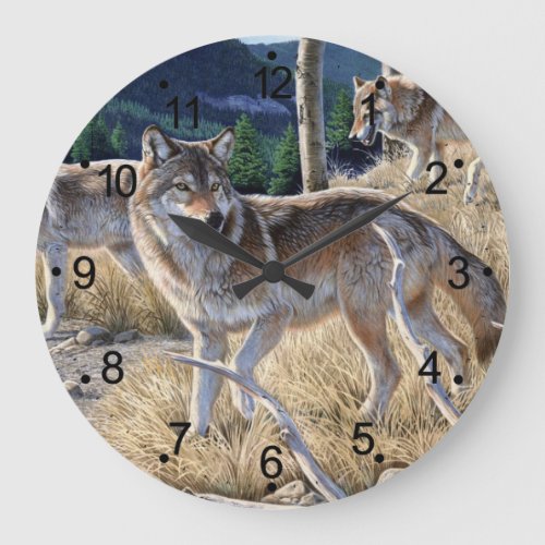 Pack of wolves in the forest painting large clock