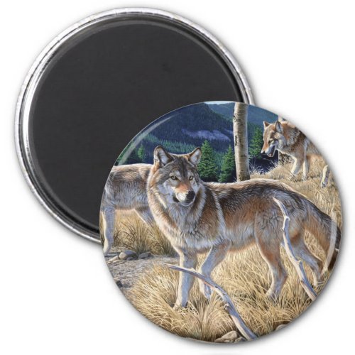 Pack of wolves in the forest painting magnet